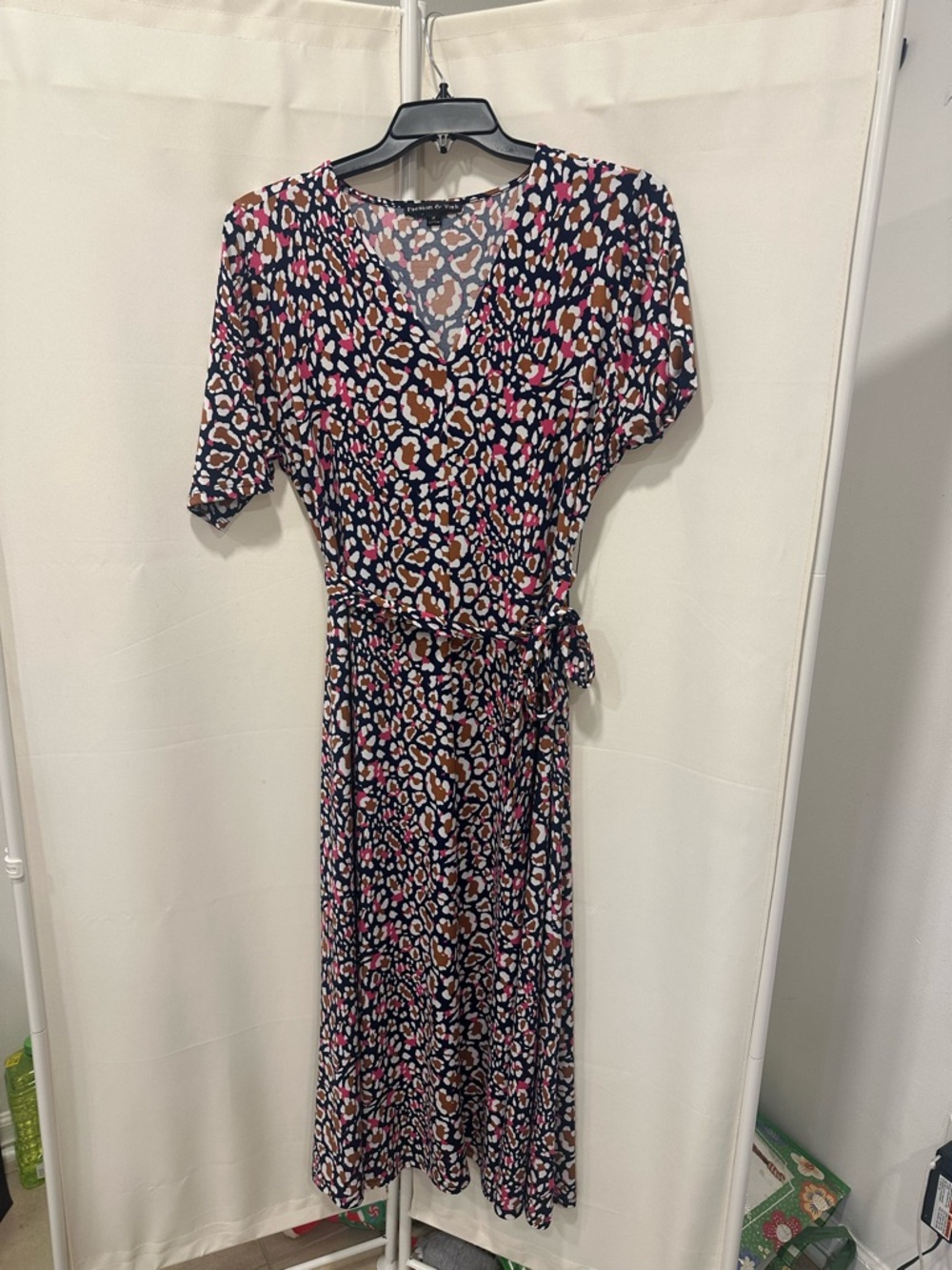 Women's Navy Leopard Print Wrap Dress with Pink & Tan Accents